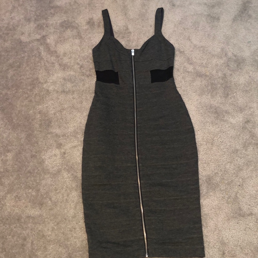 Express Gray with Black Mesh Bodycon Zip Up Bandage Dress NWT sz 2